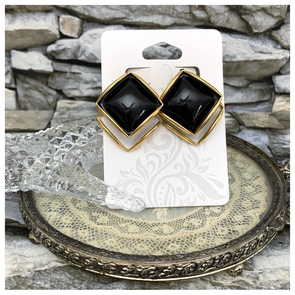 Vintage Signed Robert Black White Harlequin Enamel Art Deco Gold Clip Earrings